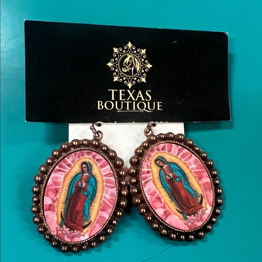 Virgin Mary Earrings in Pink and Gold